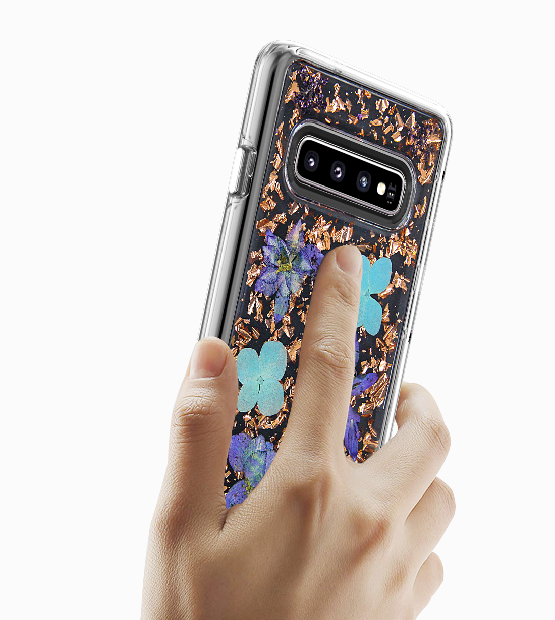 Galaxy S10+ (Plus) Luxury Glitter Dried Natural FLOWER Petal Clear Hybrid Case (Bronze Blue)